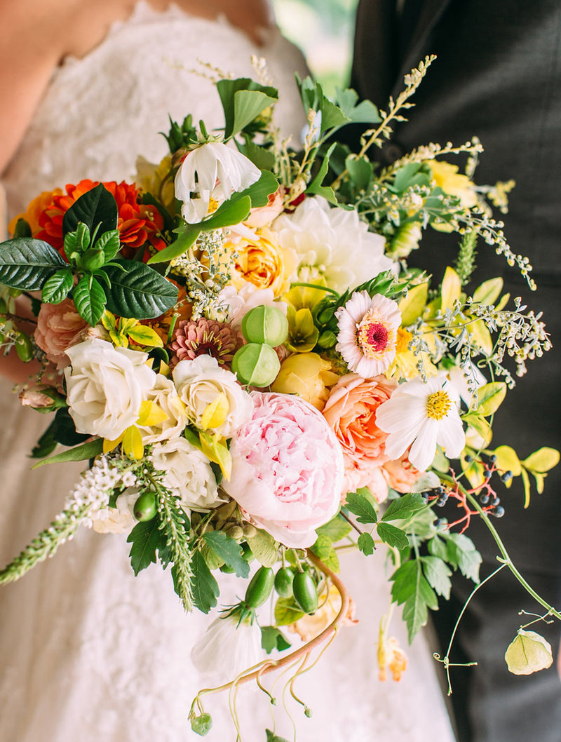 DIY Cascading Wedding Bouquet: Yellow, White, and Pink Flowers, image size:800x1058